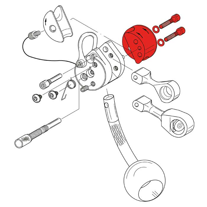 Dessin technique avec plusieurs composants, dont la partie rouge du longeron du dispositif LockJack, illustrée dans une vue éclatée