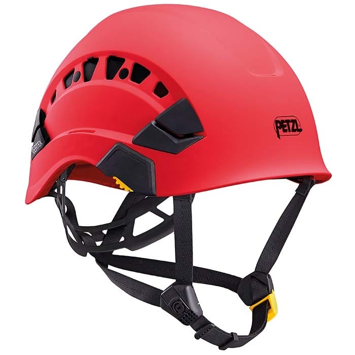 Casque Petzl Vertex Vent rouge avec mentonnière noire et trous d’aération