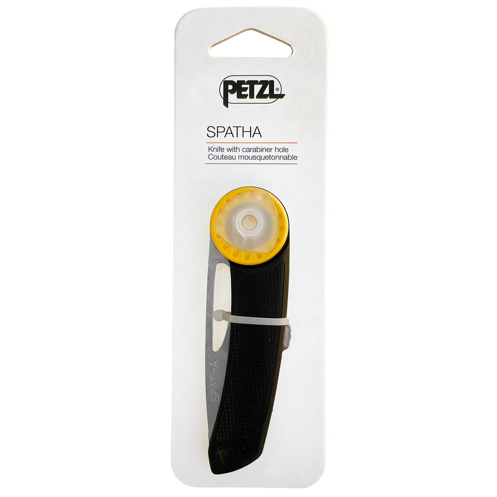Couteau pliant Petzl Spatha emballé sur carton blanc avec le logo Petzl et le nom du produit « SPATHA »