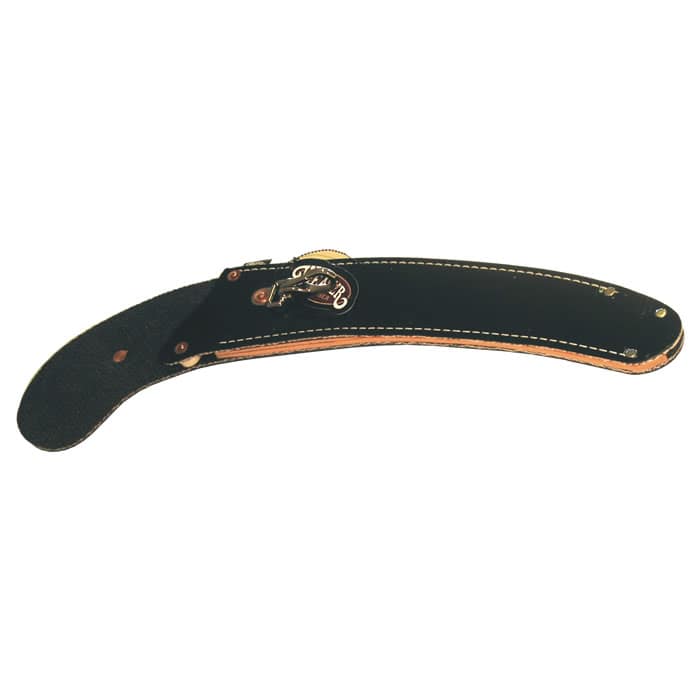 Fourreau en cuir noir incurvé avec coutures blanches et fermoir en métal, nom du produit Scabbard Curved visible
