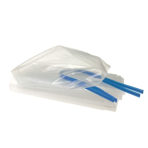 Couvercle de tube Versaflo, transparent avec rubans bleus, plié et empilé