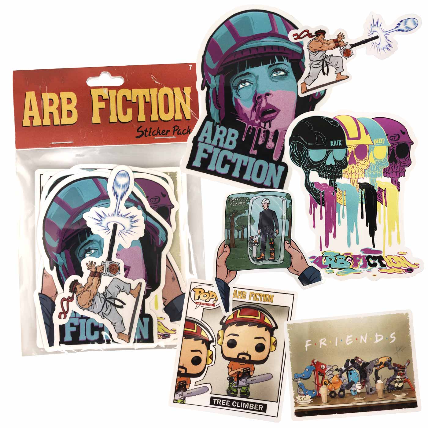 ARB Fiction Pack Vol. 7 Pack d’autocollants avec divers autocollants colorés, dont un casque bleu et violet, un personnage de combat et plusieurs crânes avec des casques, fabricant ARB Fiction