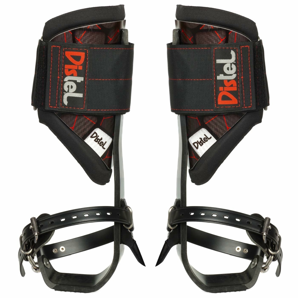 Distel Carbon 3.1 Classic de Distel, paire de rails en carbone noir avec surpiqûres rouges et grandes sangles velcro avec logo Distel, sangles de pied avec boucles, par l’arrière