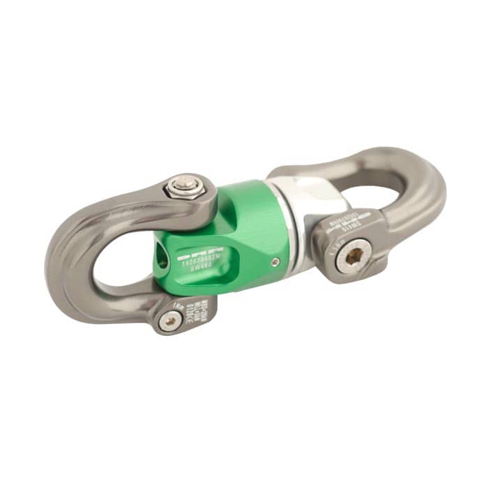 Mini-Swivel Nexus 2, élévateur vert avec crochets gris, incliné, fabricant Nexus visible