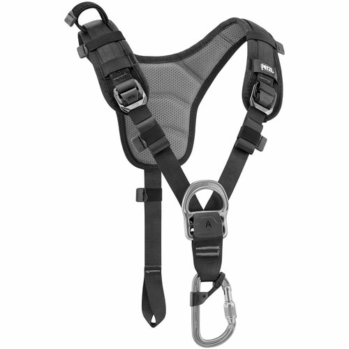 Top by Petzl, bandoulière noire avec panneau arrière rembourré gris et œillets métalliques à l’avant, mousqueton attaché