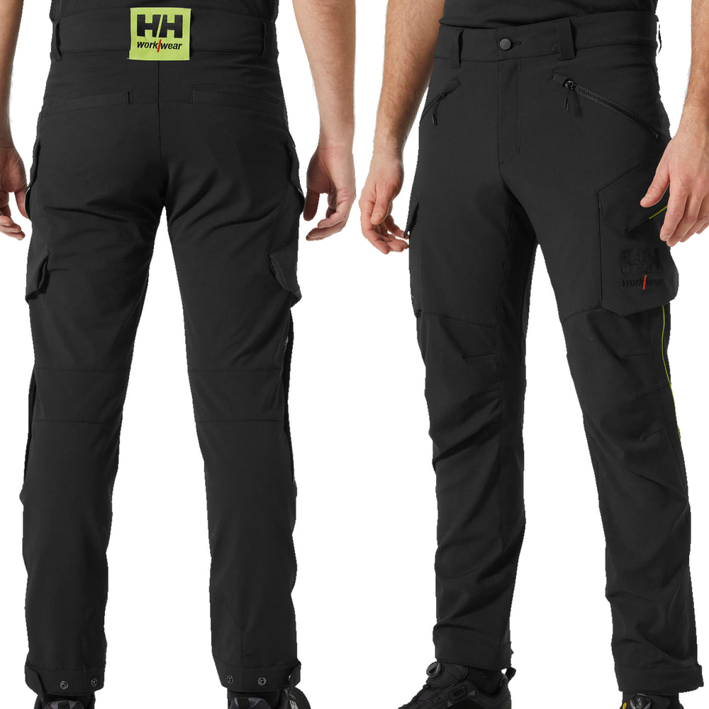 Pantalon cargo Magni Evolution, pantalon de travail noir porté par un modèle, visible à l’avant et à l’arrière avec le logo HH workwear sur la ceinture