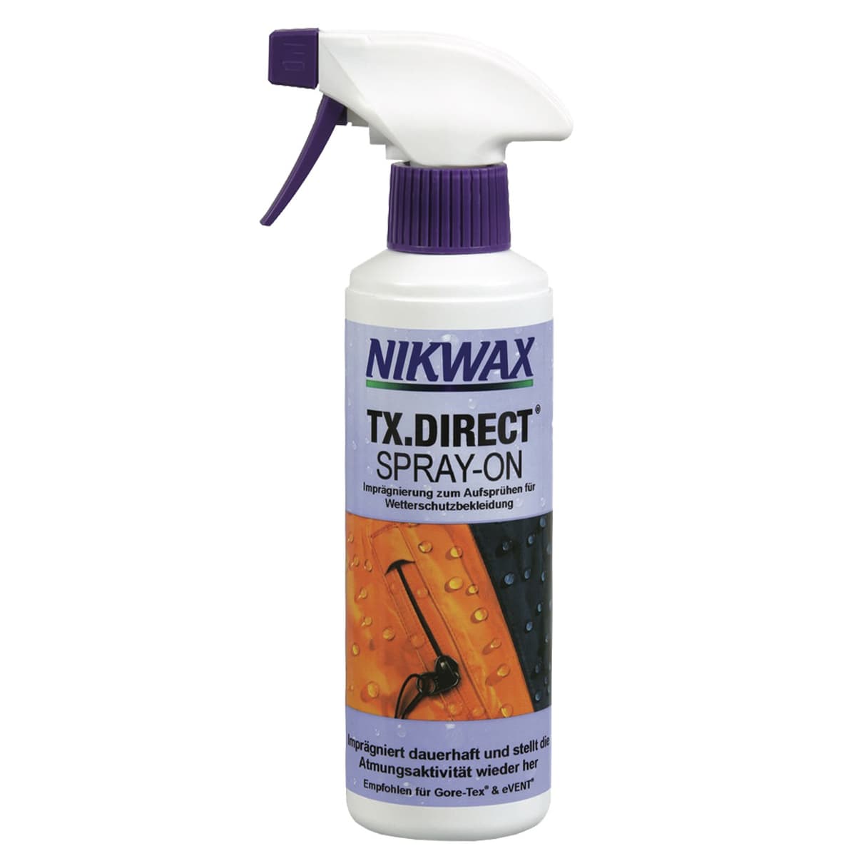 Nikwax TX-Direct Spray-On Spray Spray Spray en flacon pulvérisateur blanc avec tête de pulvérisation violette et étiquette violette montrant un vêtement orange et noir avec des gouttelettes d’eau