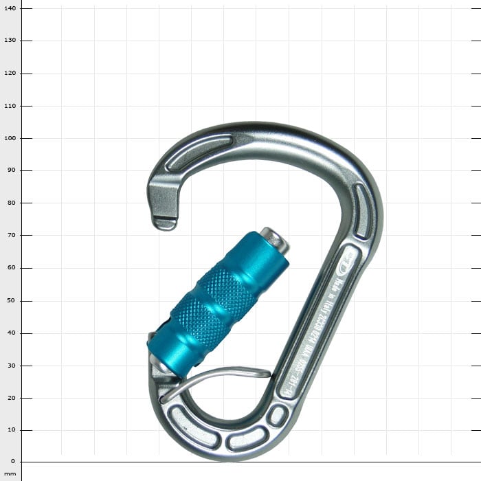 Mousqueton Cevedale Triplex en argent avec capuchon à vis bleu, ouvert
