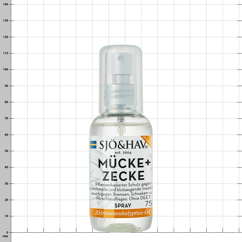 SJÖ&HAV Spray anti-moustiques avec tête de pulvérisation transparente et étiquette blanche, champ orange avec inscription Huile d’eucalyptus citronné