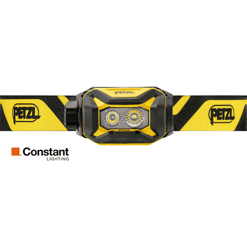 Lampe frontale Petzl Pixa avec bandeau jaune et noir à l’avant avec logo Petzl visible et nom du produit Pixa