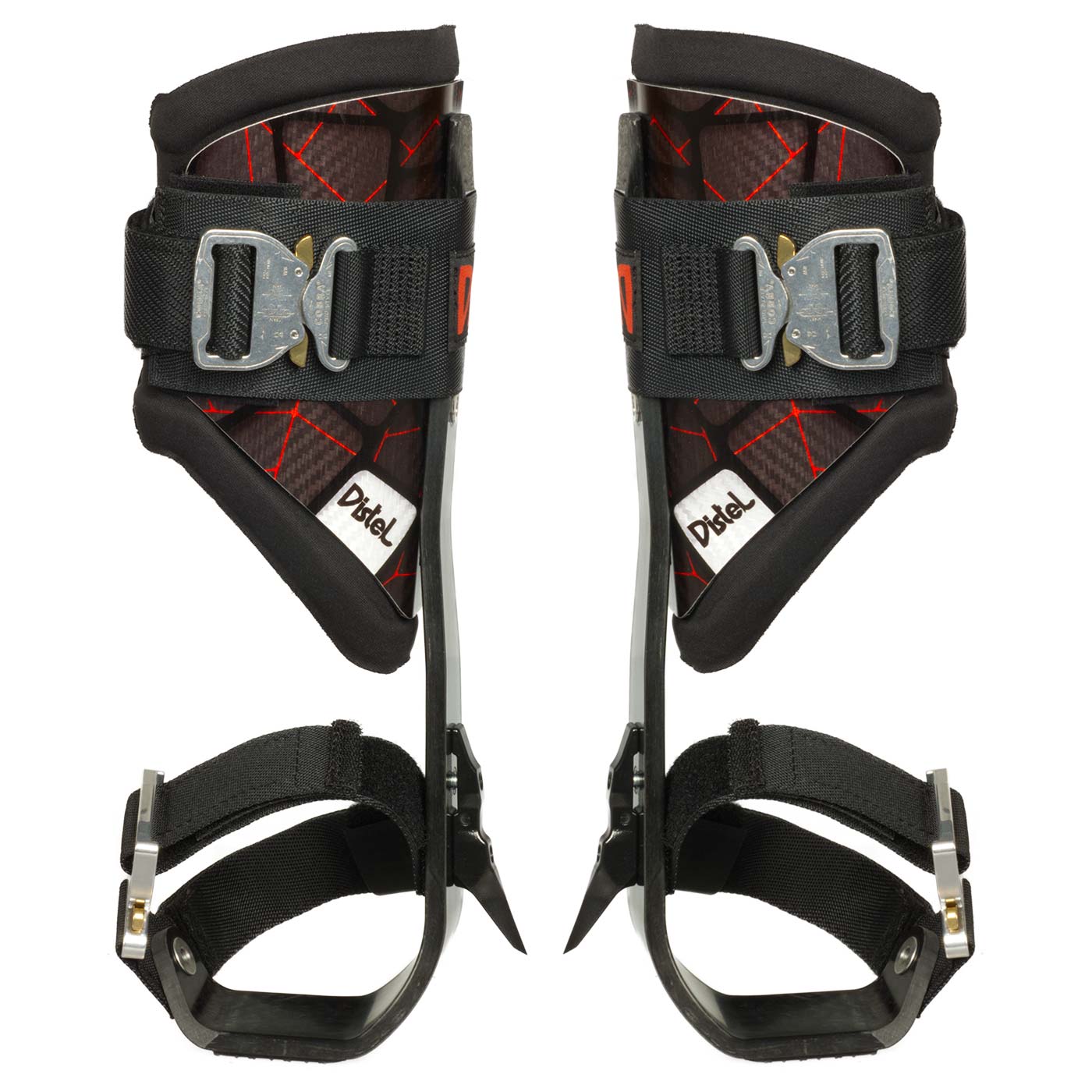 Distel Carbon 3.1 Click, paire de cretons en carbone noir avec lignes rouges, rembourrage noir et fermoirs en métal
