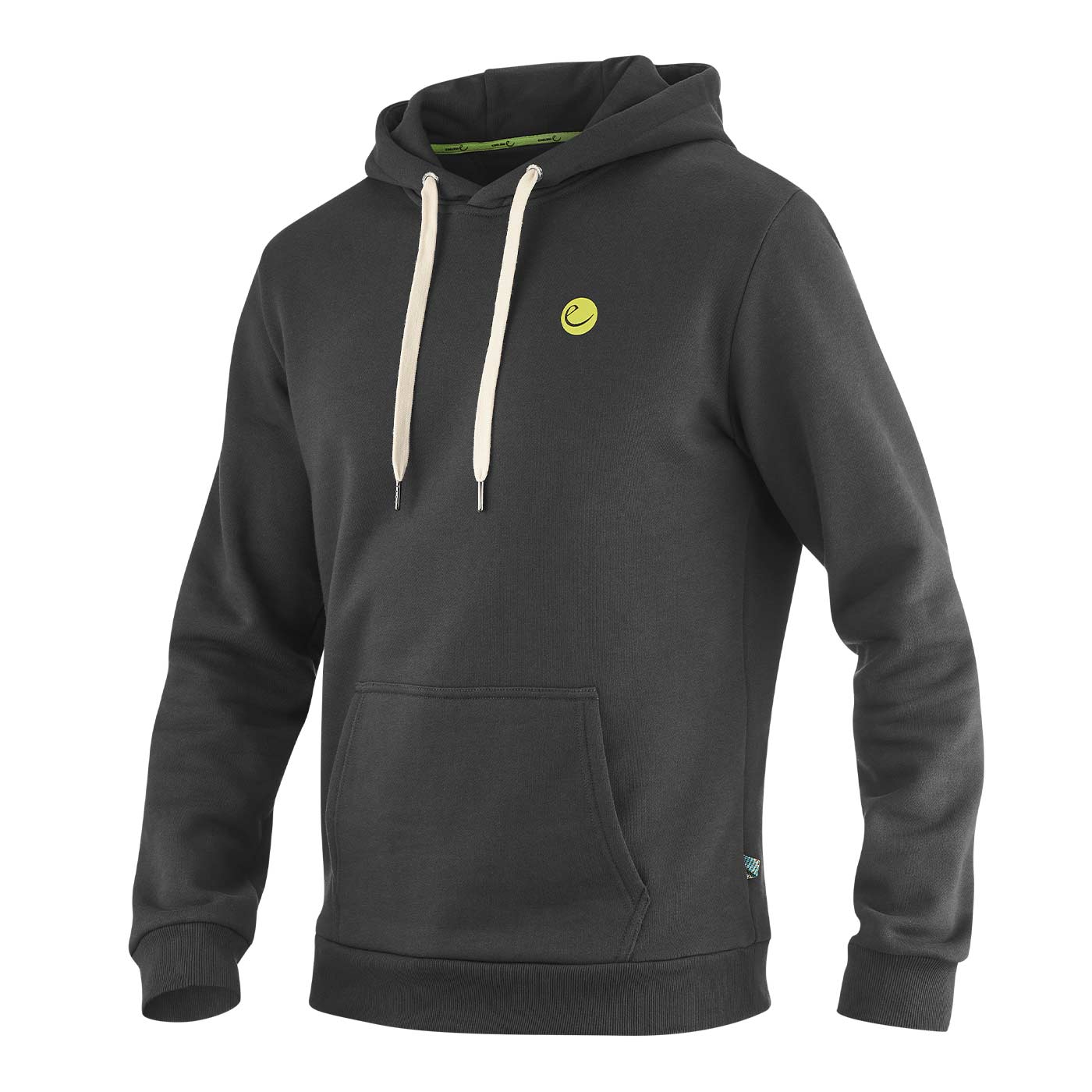 Sweat à capuche Grounder en gris foncé avec capuche, cordons de serrage blancs et petit logo jaune sur le devant de la poitrine gauche