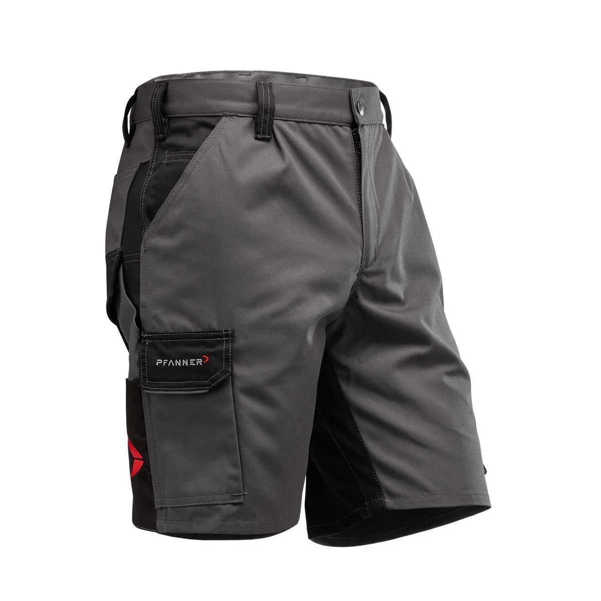 Short en toile StretchZone de Pfanner en gris avec empiècement noir sur le côté, passants de ceinture visibles et poche latérale avec rabat et logo Pfanner.