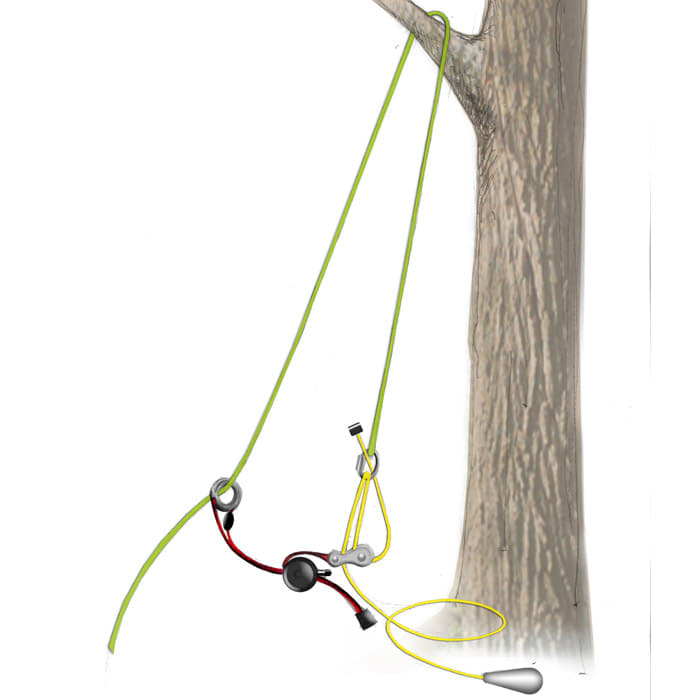 Quick-Kit, illustration d’un arbre avec une corde verte attachée et une corde jaune avec des pièces métalliques