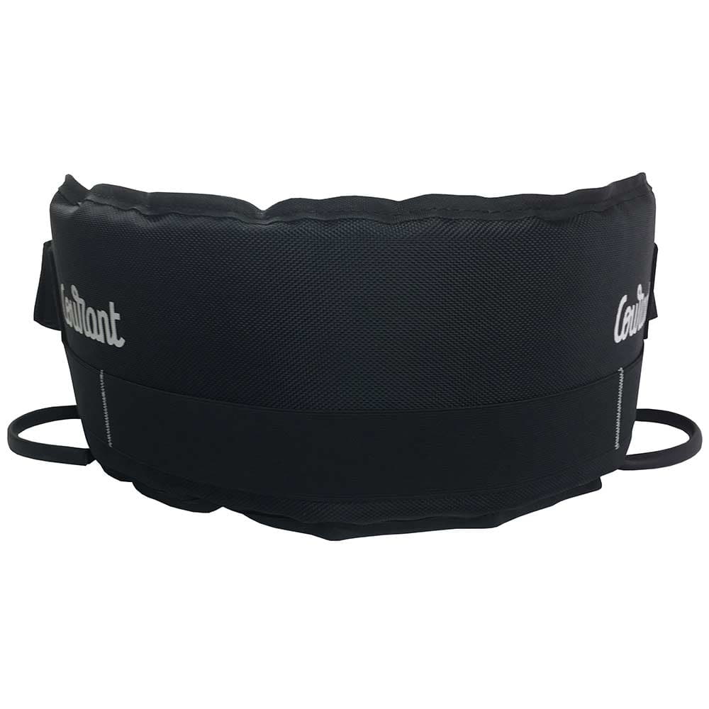 Ceinture croisée noire avec inscription blanche « Courant » cousue dans le dos, fabricant non visible