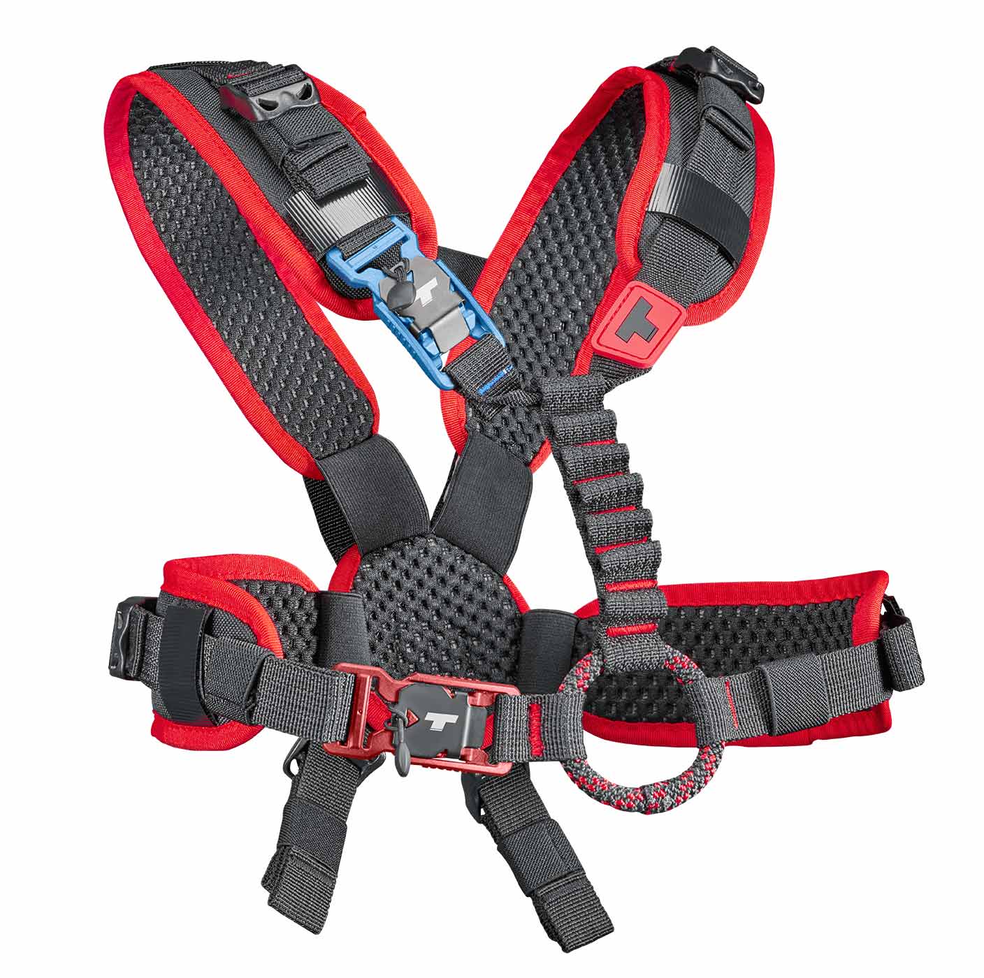 upMOTION SRT, harnais d’escalade rembourré noir et rouge avec plusieurs boucles et un anneau de corde au milieu