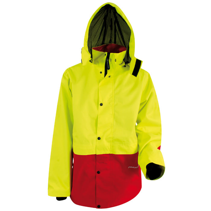 Parka Saugues, jaune-rouge, avec capuche et boutons noirs