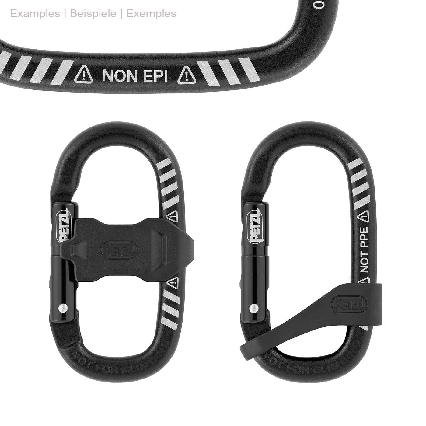 Deux mousquetons Petzl Mino Captiv noirs côte à côte, l’un avec fermoir de sécurité et sécurité, l’autre avec verrou tournant et sécurité