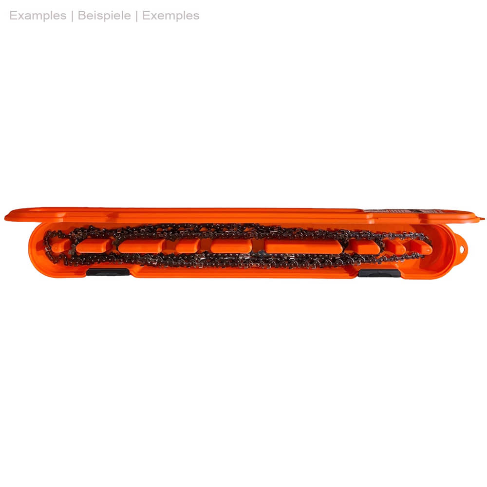 Casier à chaîne Boîte de rangement à chaîne en plastique orange ouverte avec chaîne noire à l’intérieur