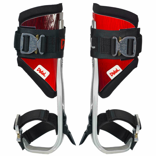 Distel Alu 3.1 Click de Distel, deux outils en aluminium rouge avec rembourrage noir et sangles noires avec boucles métalliques, vue arrière