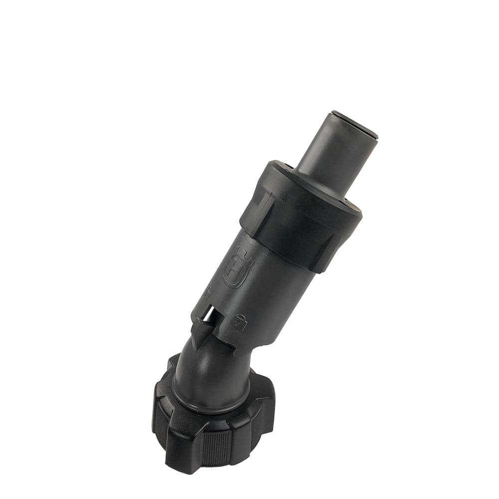 Injecteur de carburant noir 15 l + 25 l avec bouchon à vis nervuré et logo Husqvarna en plastique, photographié légèrement incliné
