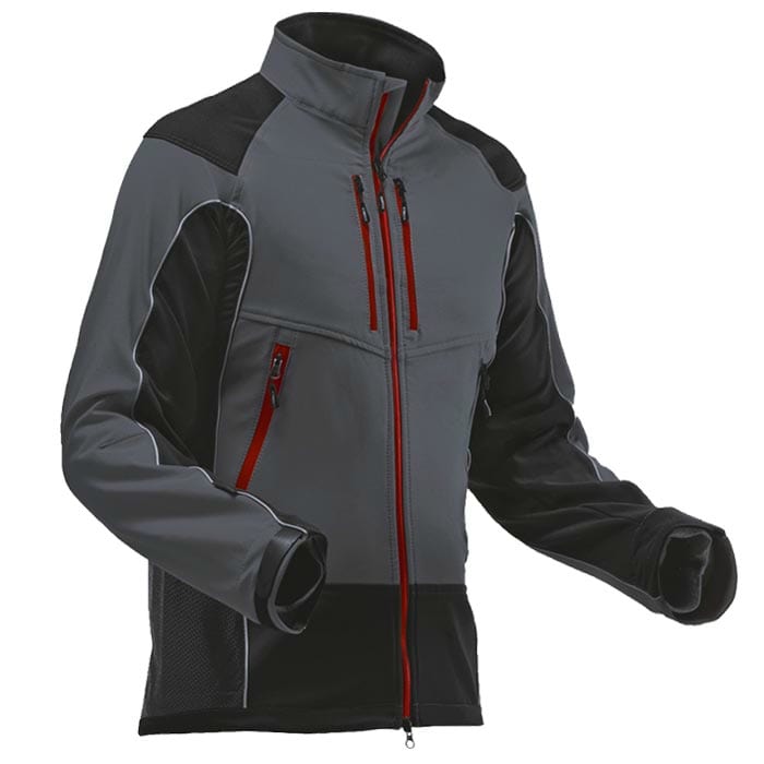 Blouson d’arboriculture gris et noir avec fermetures éclair rouges, vue de face avec col montant