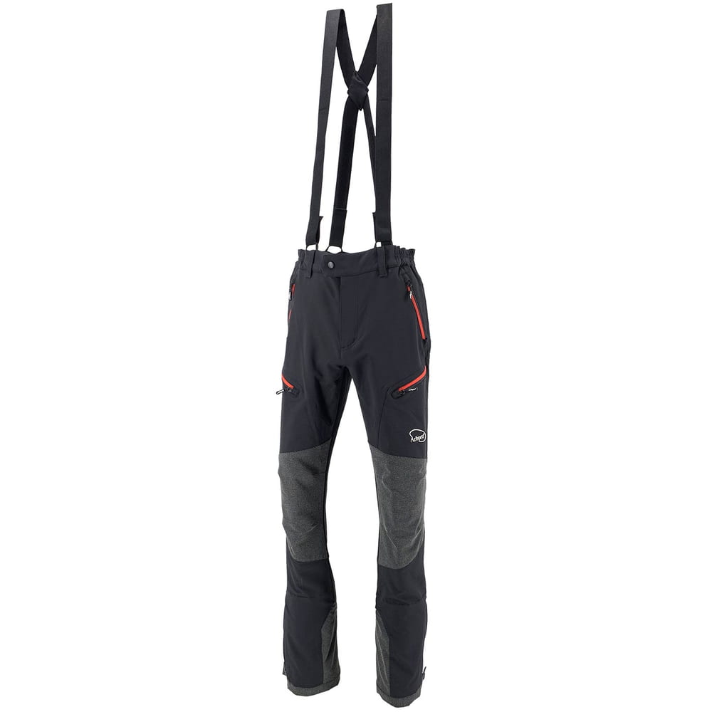 Pantalon Climb Tech Delta d’Arbpro en noir avec renforts gris aux genoux et aux jambes et fermetures éclair rouges, y compris des bretelles noires