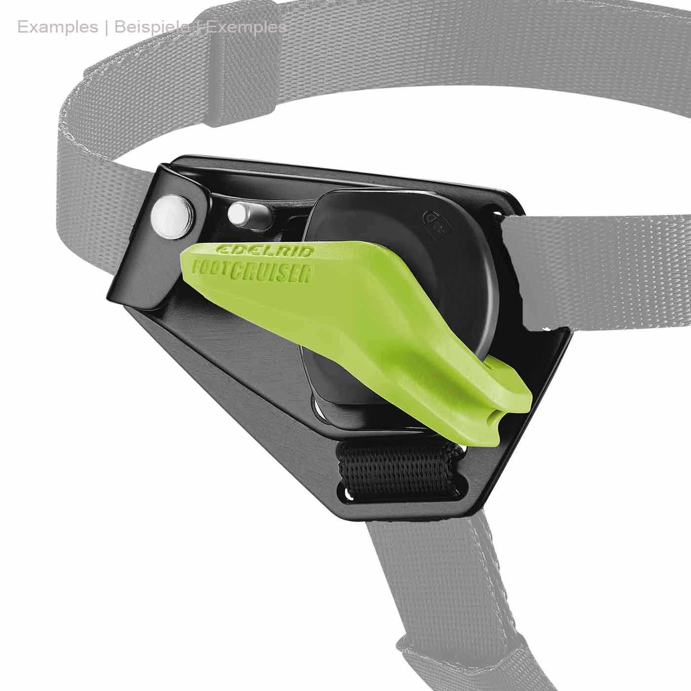 Levier de verrouillage Foot Cruiser R d’Edelrid en vert et noir attaché à une sangle grise