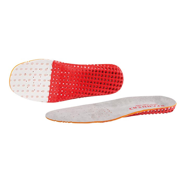 Semelle Nano-Active, deux semelles intérieures, l’une avec dessous perforé rouge et blanc, l’autre avec dessus gris et lettrage rouge, sans fabricant visible.