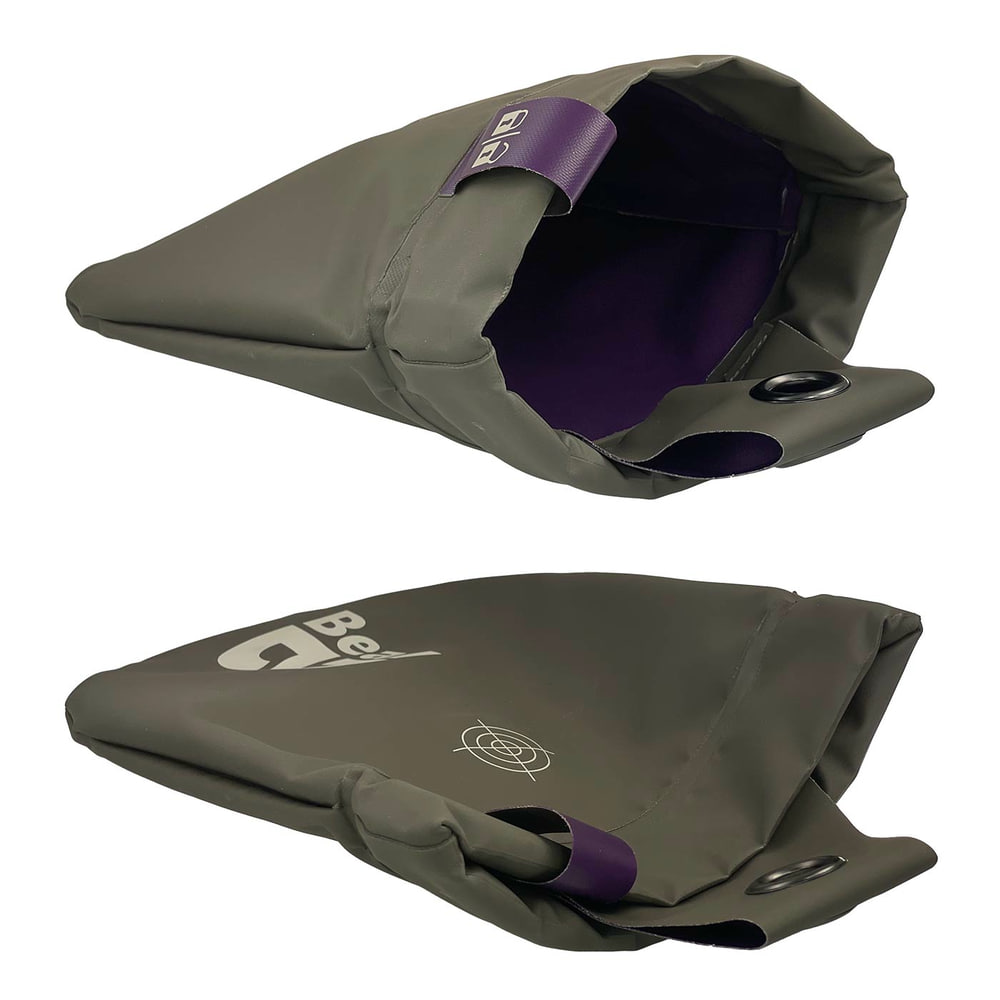 Sac Beal Genius 2 gris ouvert par le haut, violet à l’intérieur, avec sangle de fermeture violette et logo blanc sur le devant, avec motif cible