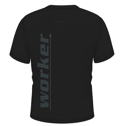 T-shirt noir avec lettrage vertical gris « worker » dans le dos, nom du produit Tree Frog