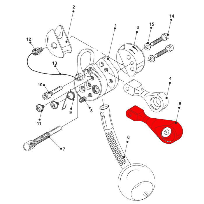 Dessin technique avec plusieurs pièces numérotées, dont la partie rouge LockJack swivel, représentée comme faisant partie d’un assemblage avec des vis et d’autres composants