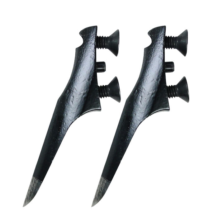 Buckspikes Pin-Screw L, deux pointes en métal noir avec deux vis chacune et une extrémité conique