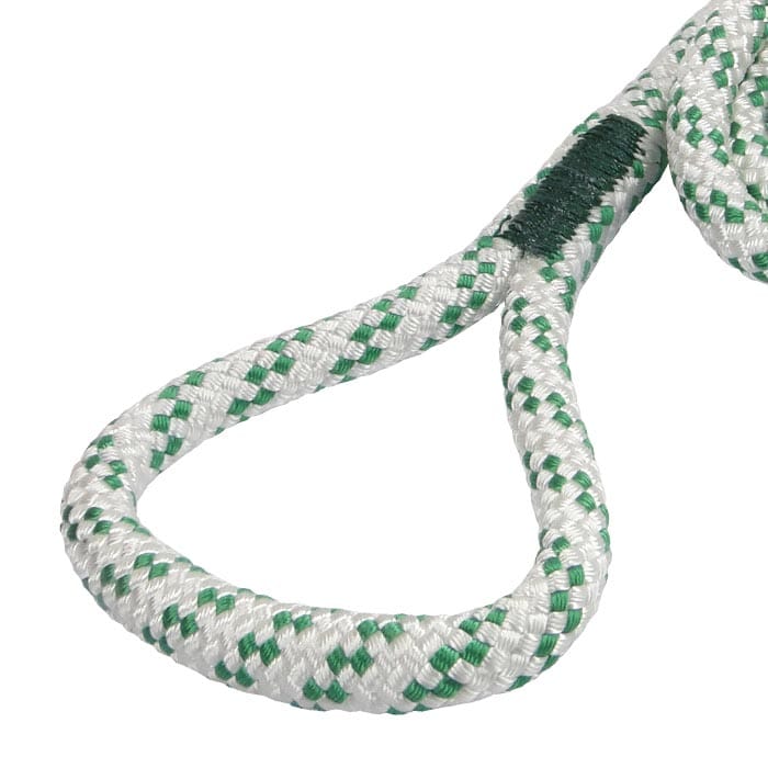 corde pulleySAVER 2.0, gros plan de la boucle tressée blanche et verte avec renfort vert au niveau de la couture