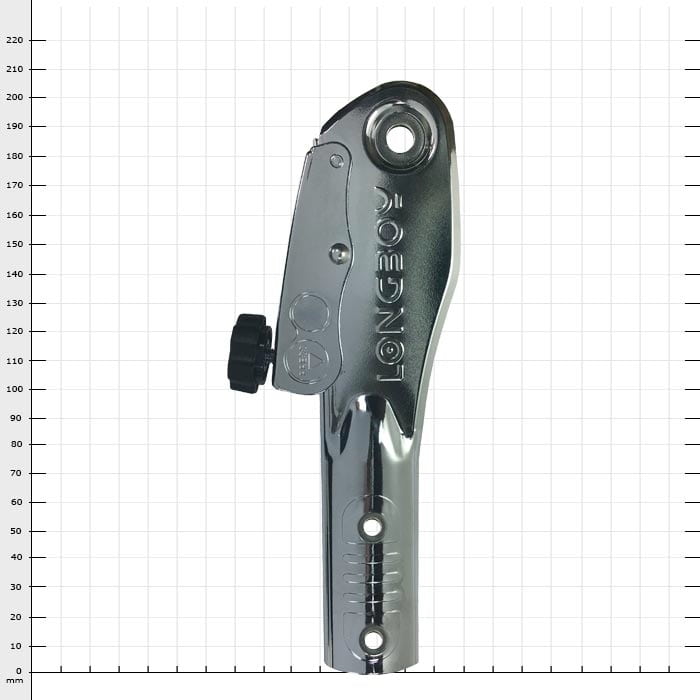 Longboy Grommet, Métal chromé avec bouton noir, sur fond blanc avec lignes de grille