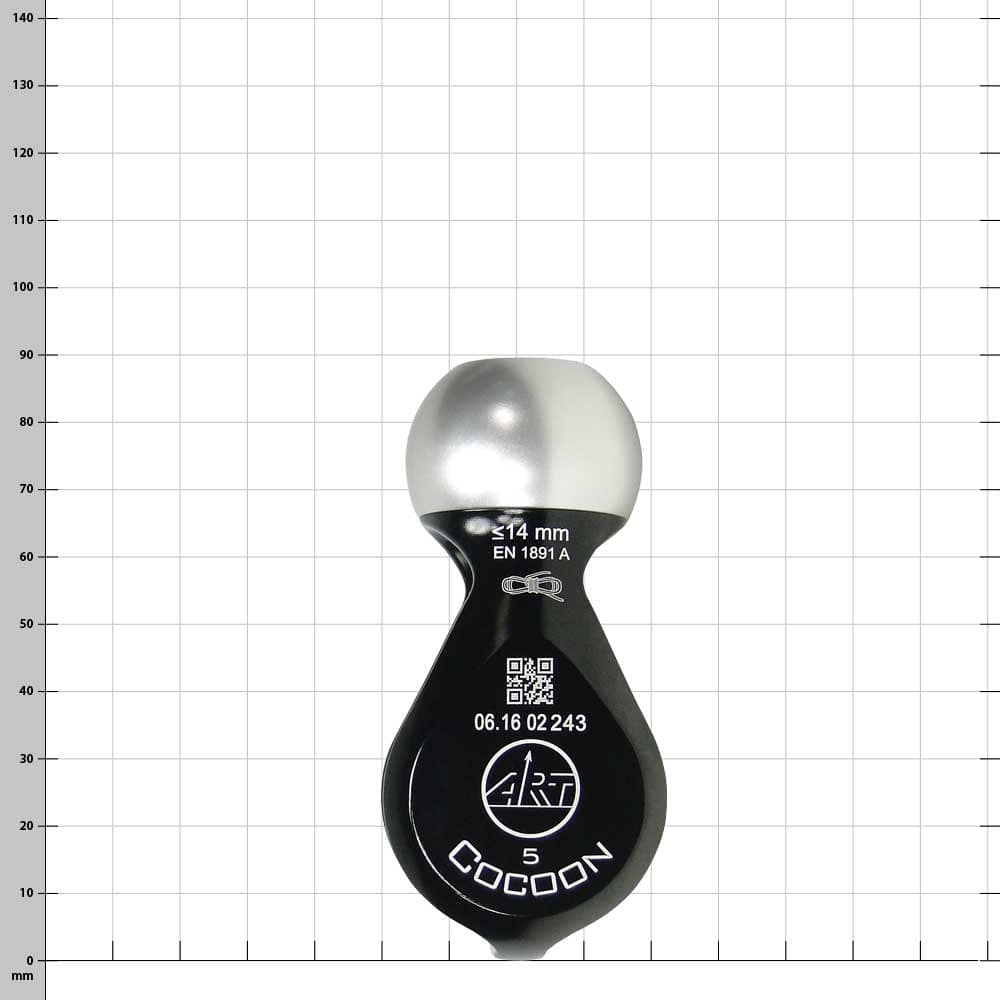 Cocoon 5, rouleau de corde noir et argent avec impressions et QR code, vue de face