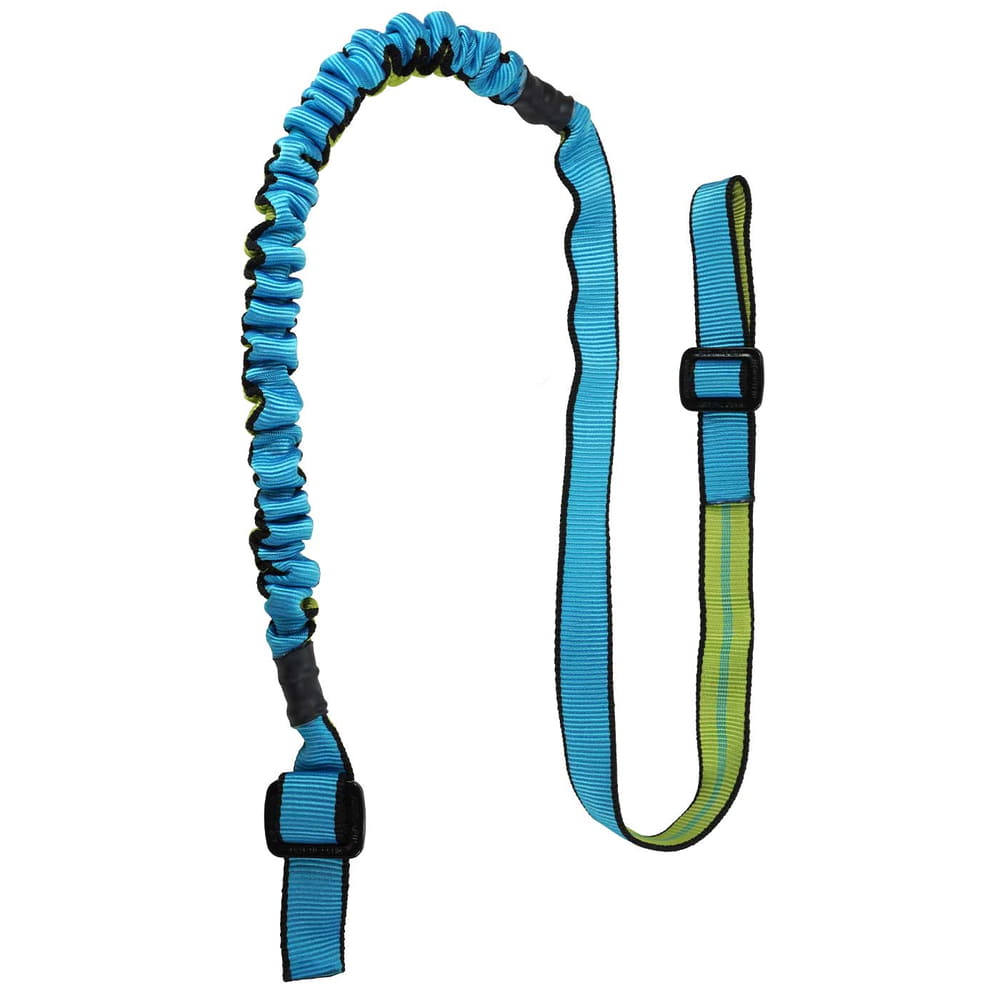 Outil élastique bleu avec section élastique et ondulée et sangle plate avec bordure noire et bande intérieure verte