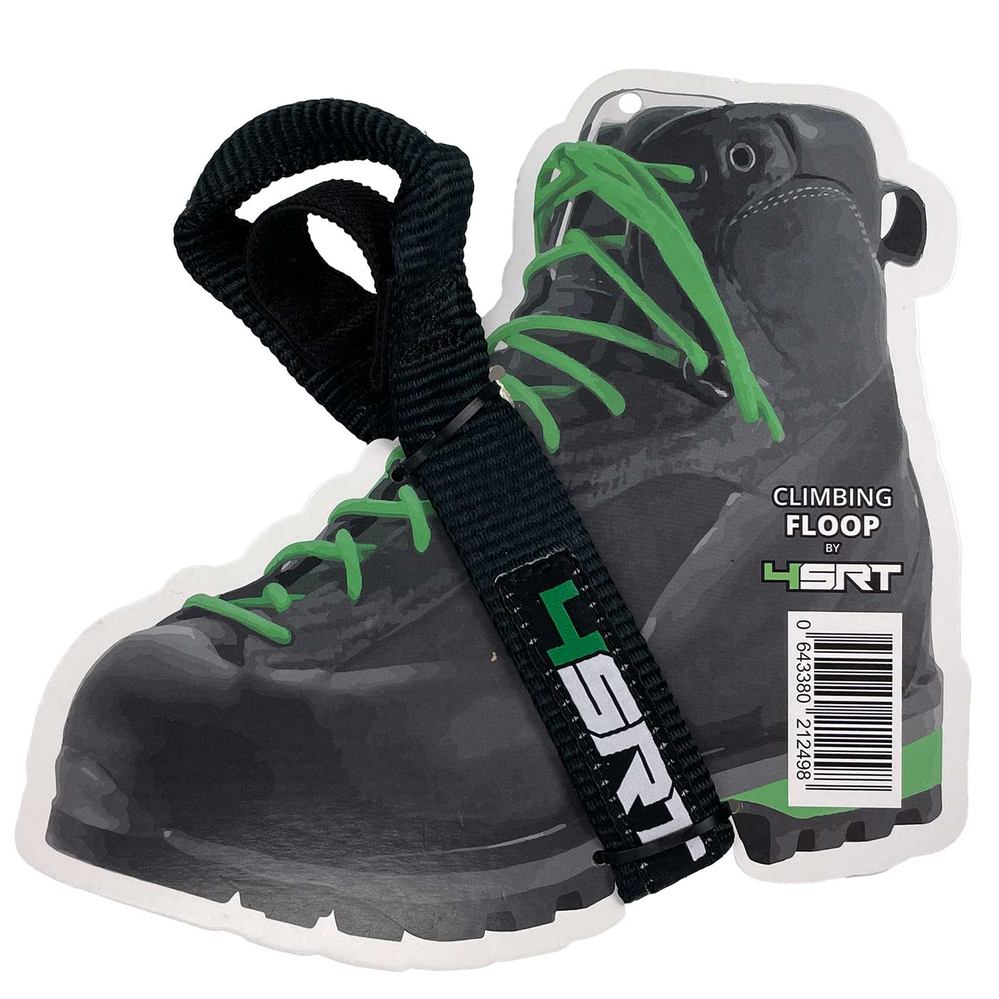Floop 1 by 4SRT, chaussure d’escalade noire avec lacets verts et sangle noire avec logo 4SRT