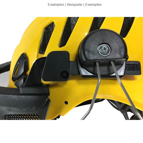 Détail de la fixation de la visière en maille ECC à un casque jaune avec des branches en plastique et métal noir
