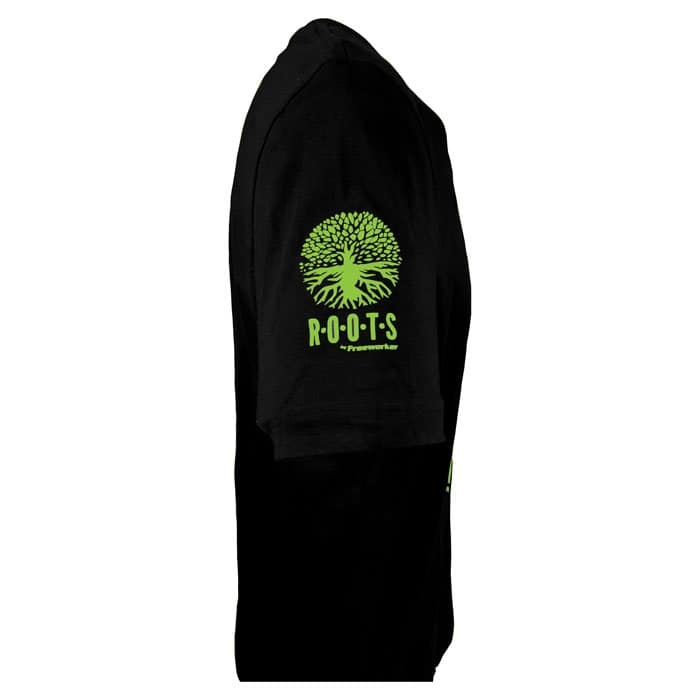 T-shirt noir Inside Me avec logo vert « ROOTS by Preserverwear » sur la manche, vue latérale