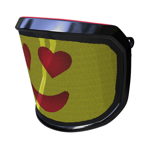 Visière PROTOS® Arbormoji vue latérale avec fond jaune et visage souriant rouge avec yeux en forme de cœur, cadre noir