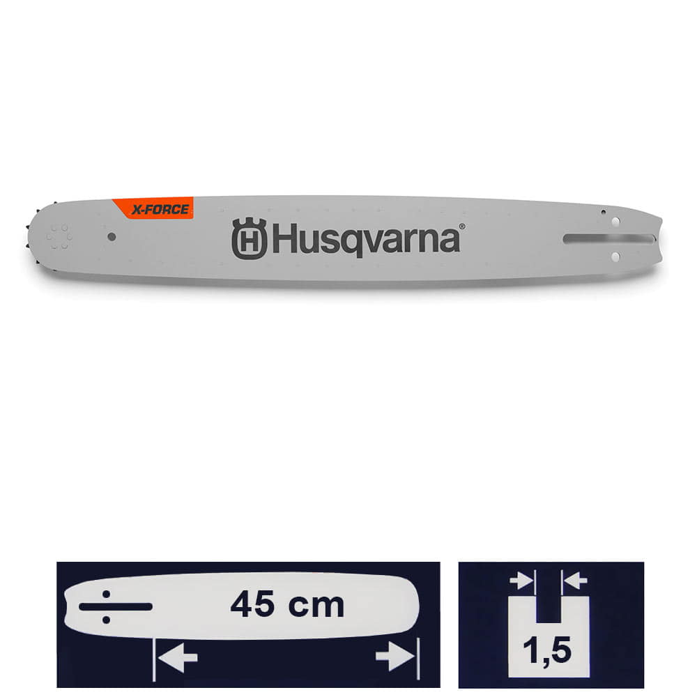 X-Force Rail 18 / 3/8 SM de Husqvarna, rail gris avec logo Husqvarna noir et lettrage X-Force orange, longueur 45 cm et largeur 1,5 mm illustré sur deux petites images symboliques