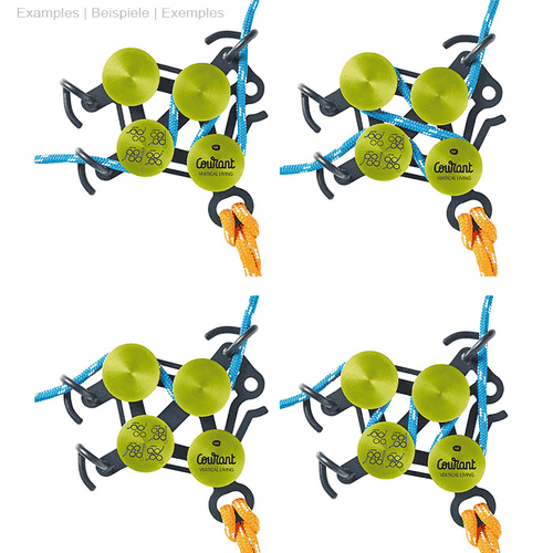 Produit Hulk avec des éléments ronds verts et un cadre en métal noir, relié par des cordes bleues et oranges dans diverses dispositions