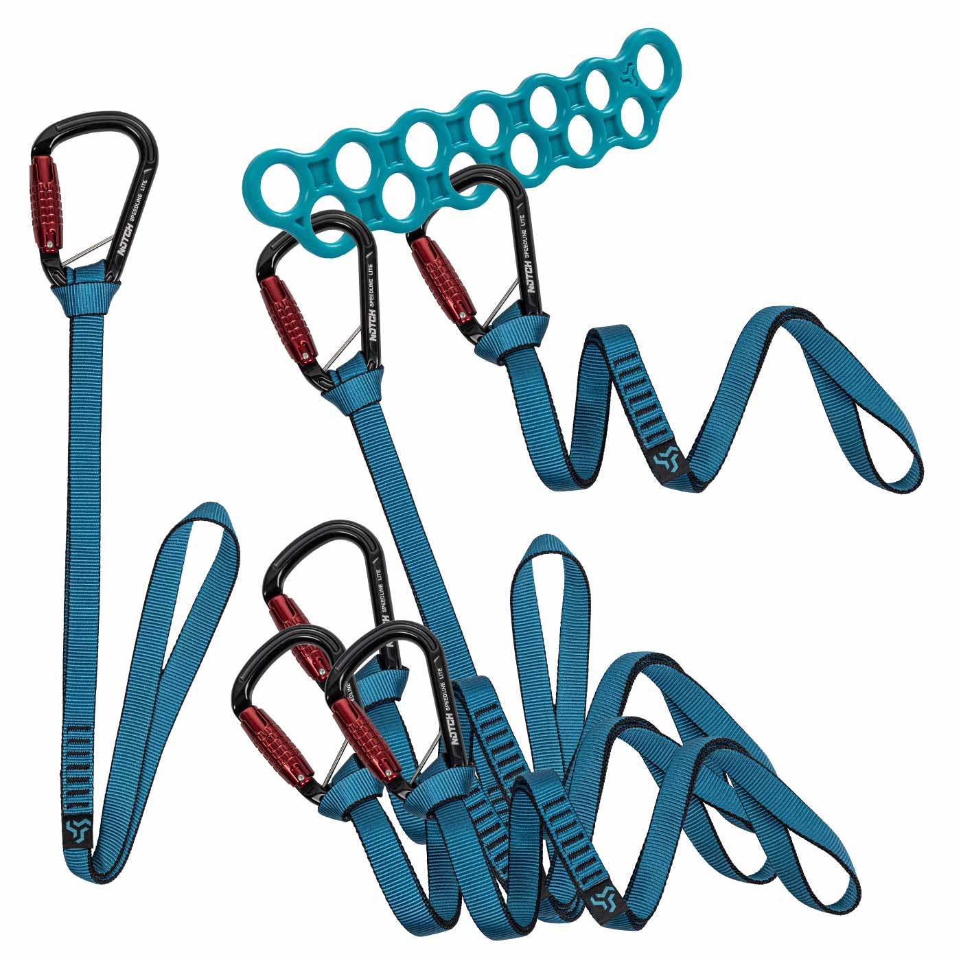 Kit Speedline Lite 26" avec plusieurs élingues en sangle bleue, mousquetons noirs et rouges et un dispositif d’assurage bleu, fabricant et type de produit non visibles
