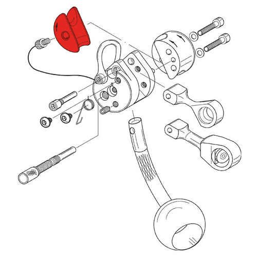 Dessin technique avec plusieurs pièces individuelles, dont une mâchoire de serrage LockJack 12/13 marquée en rouge, des vis, des leviers et d’autres composants, le tout esquissé en noir et blanc.