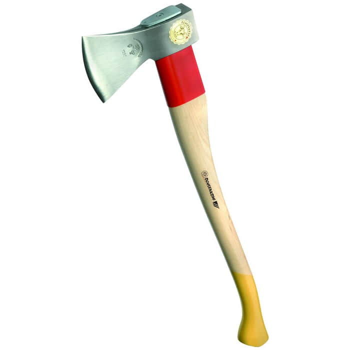 Hache forestière universelle en or Ruban rouge Plus 700 d’Ochsenkopf avec manche en bois rouge et jaune et lame de hache en argent