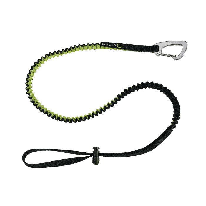 Tool Safety Leash d’Edelrid, laisse de sécurité élastique avec mousqueton et boucle en noir et vert