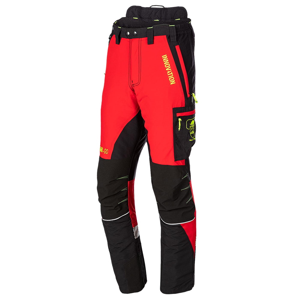 Pantalon de travail Canopy AIR-GO en rouge et noir avec détails jaunes et inscription INNOVATION