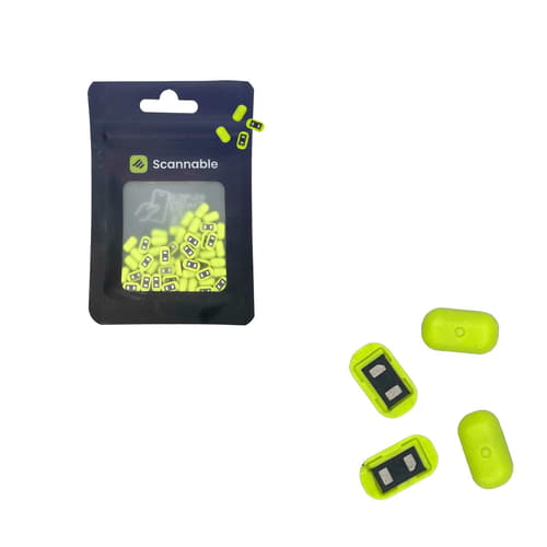 Tag NFC matériel de Scannable, emballage noir avec fenêtre transparente, de nombreuses petites étiquettes NFC jaune-vert visibles à l’intérieur