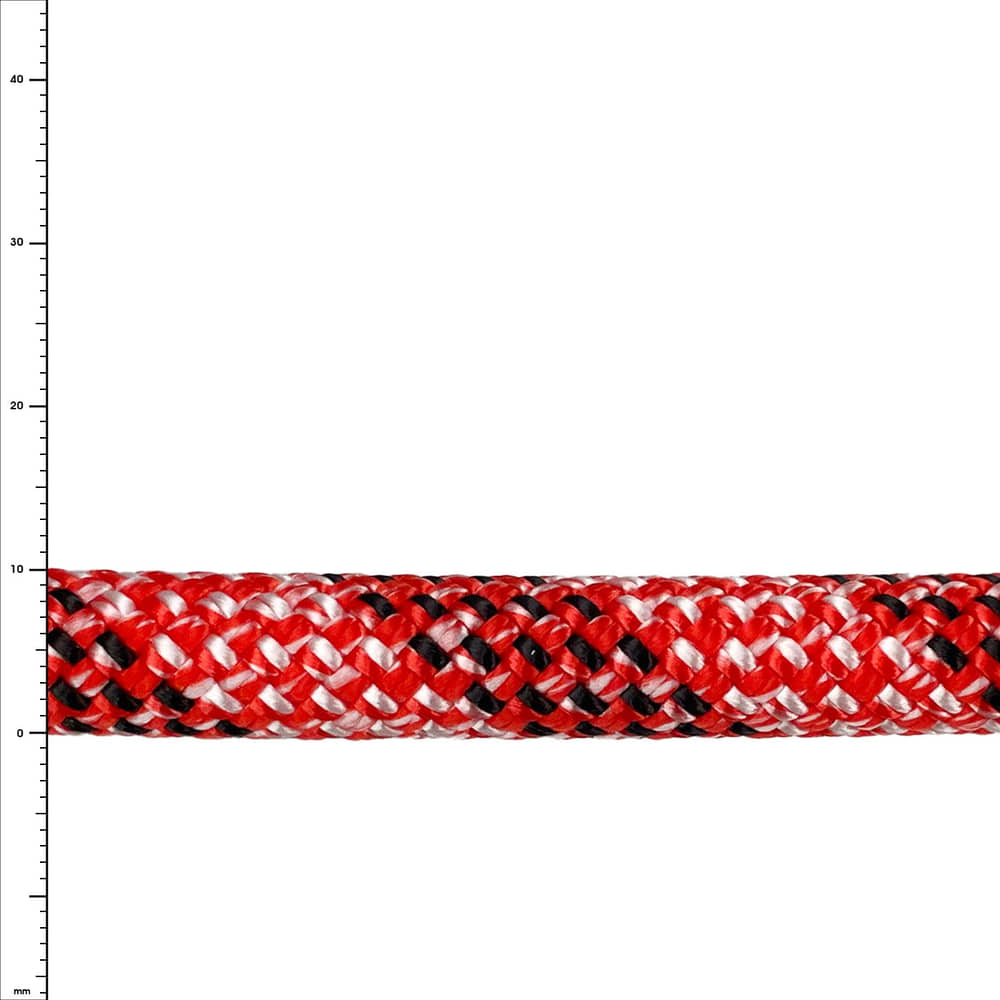 Corde d’escalade en python rouge, noir et blanc, vue détaillée du matériau tressé